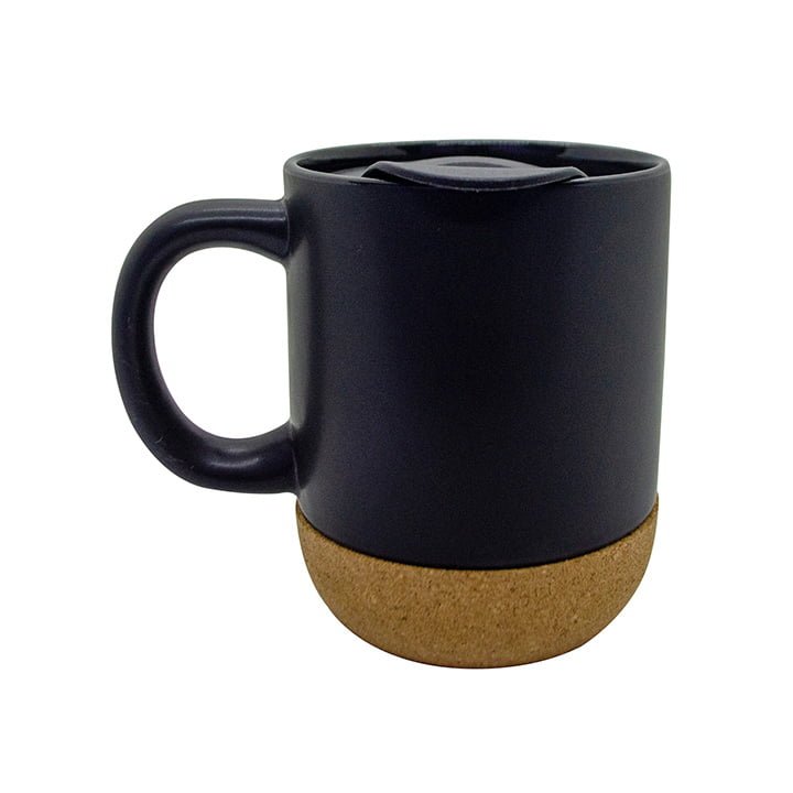 MUG CERAMICA OVALADO CON TAPA Y BASE DE CORCHO COLOR NEGRO